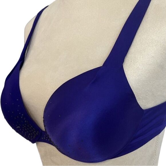 VICTORIAS SECRET- Plunge Satin Midnight Blue W/ Rhinestones Padded Bra, Size 34D - Picture 5 of 12